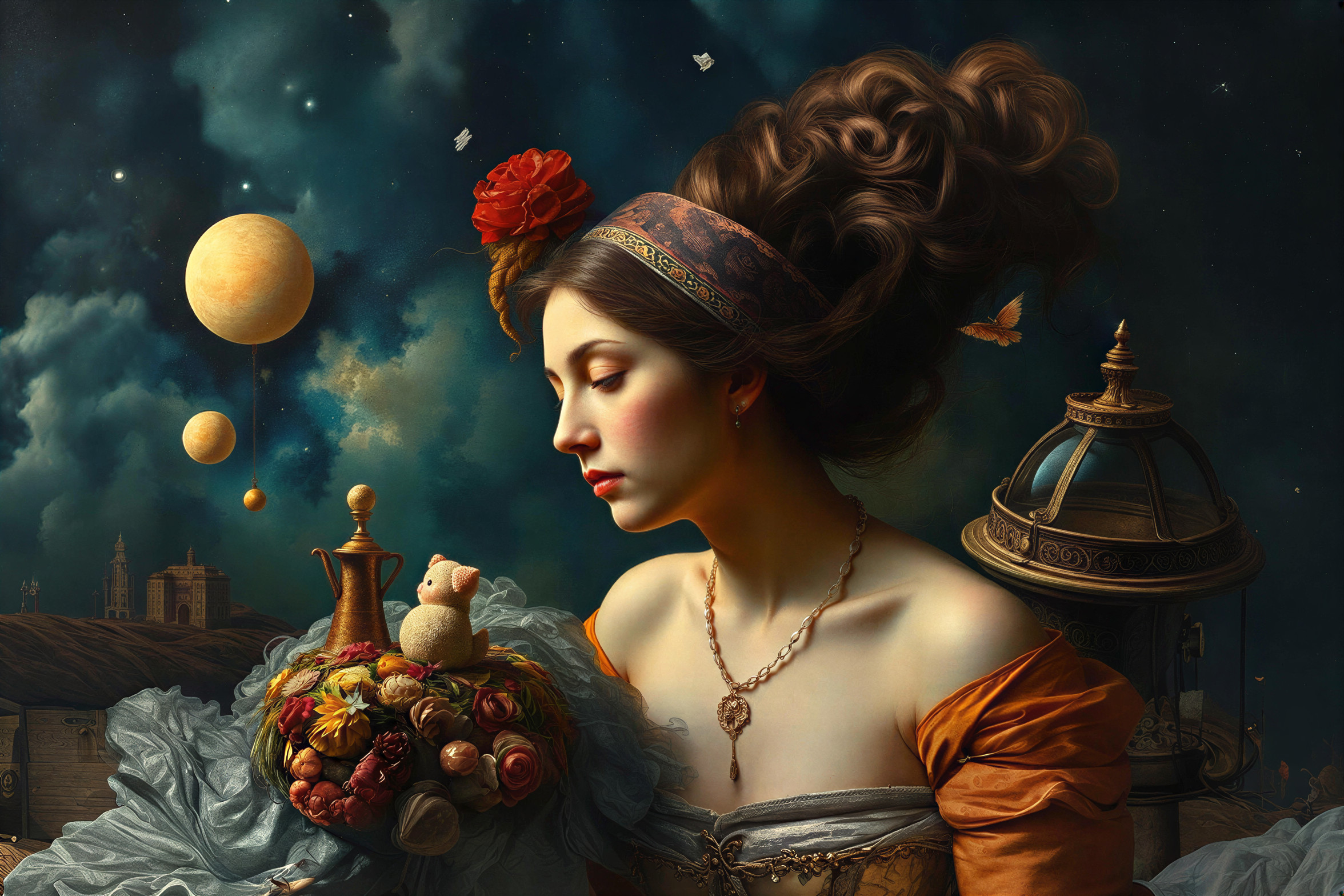 Woman with Flowing Hair and Ethereal Background Elements