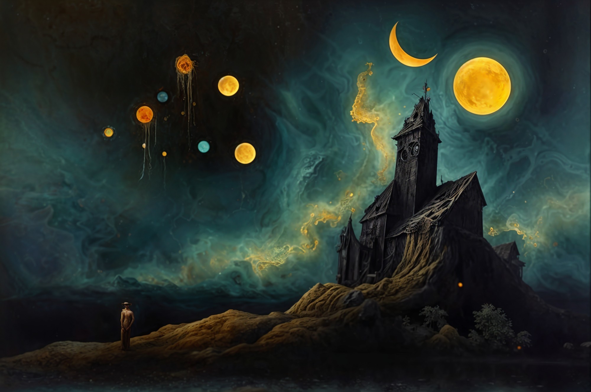 Gothic Mansion Amid Cosmic Clouds and Celestial Bodies