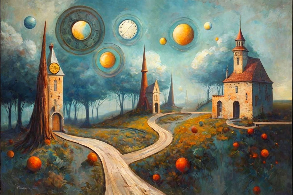 Surreal Landscape with Whimsical Towers and Clocks