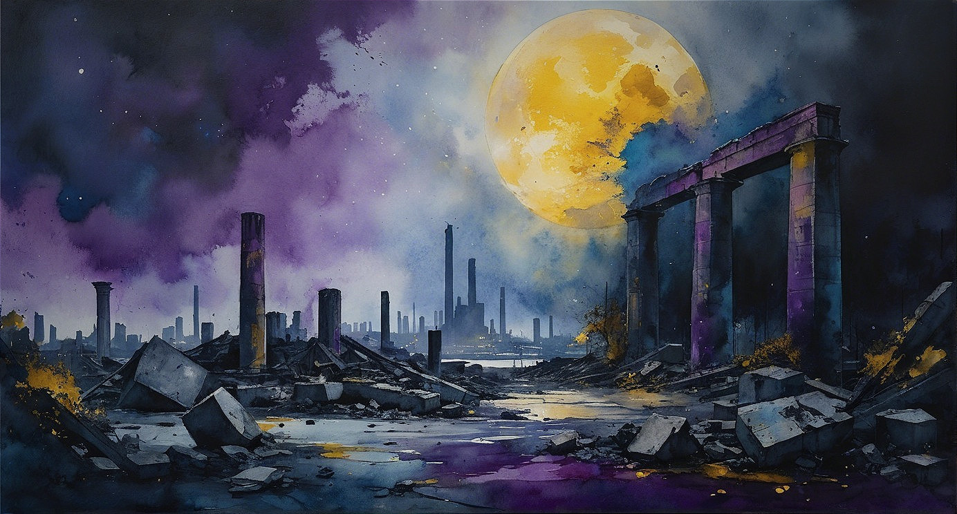 Surreal Moonlit Ruins in a Post-Apocalyptic Landscape