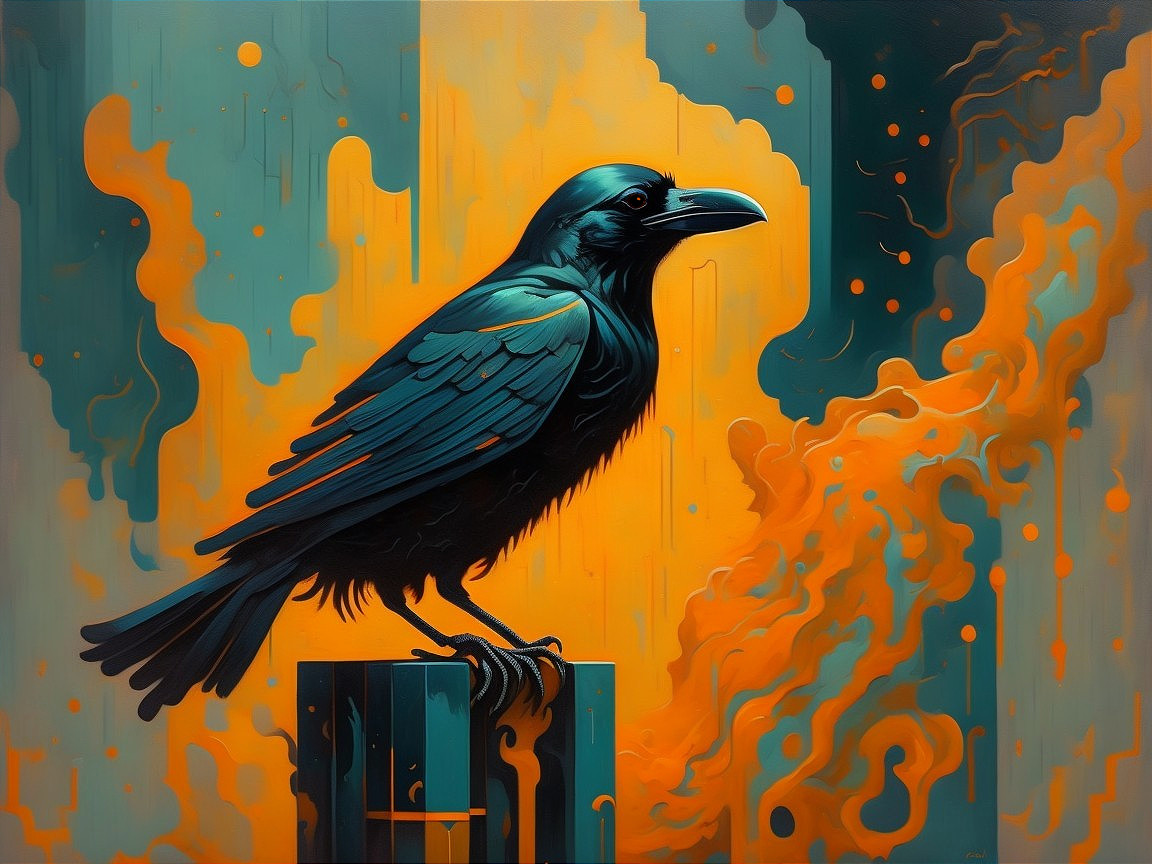 Stylized black raven on a colorful pedestal background