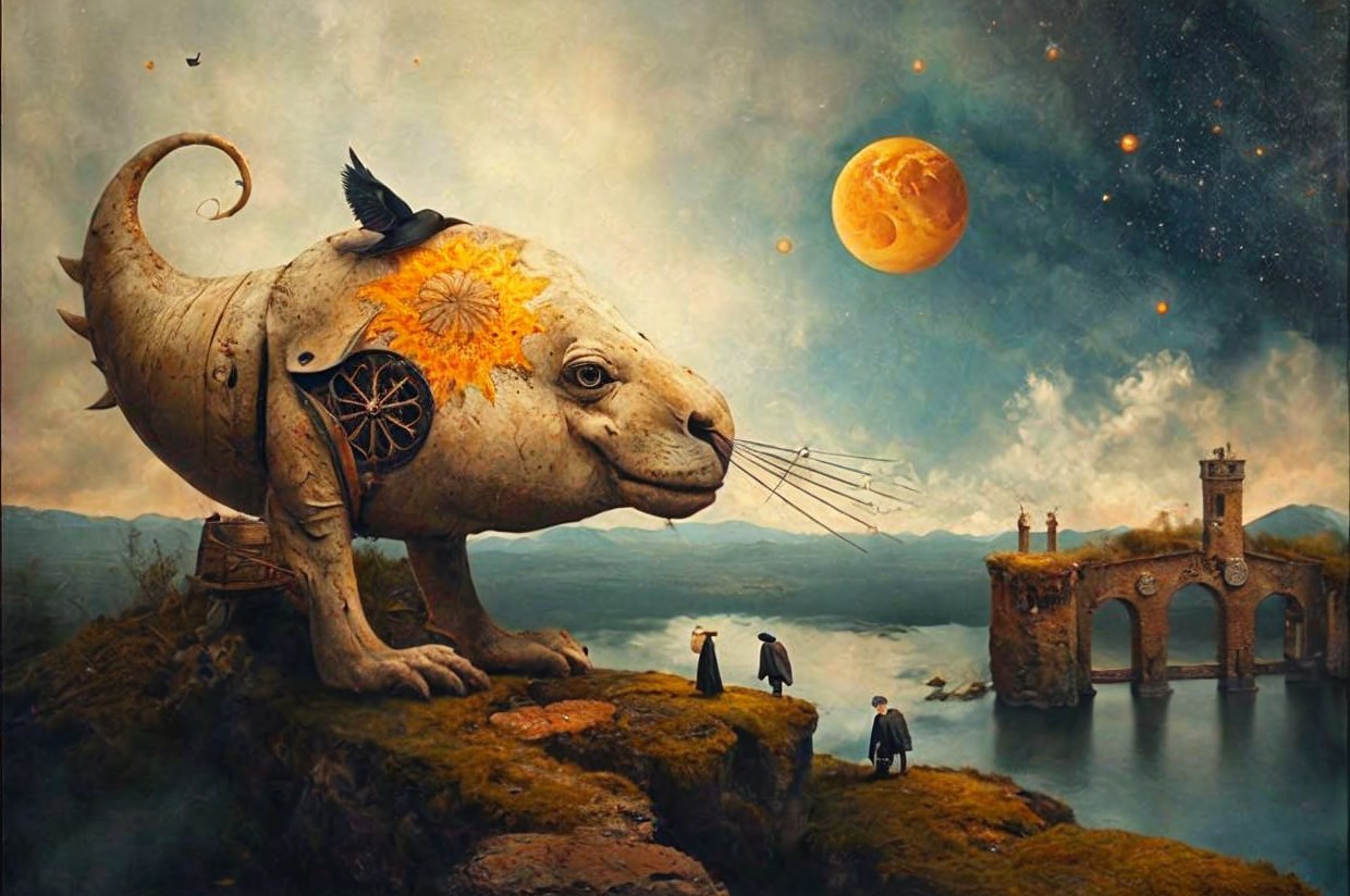 Surreal Landscape with Mechanical Creature and Figures
