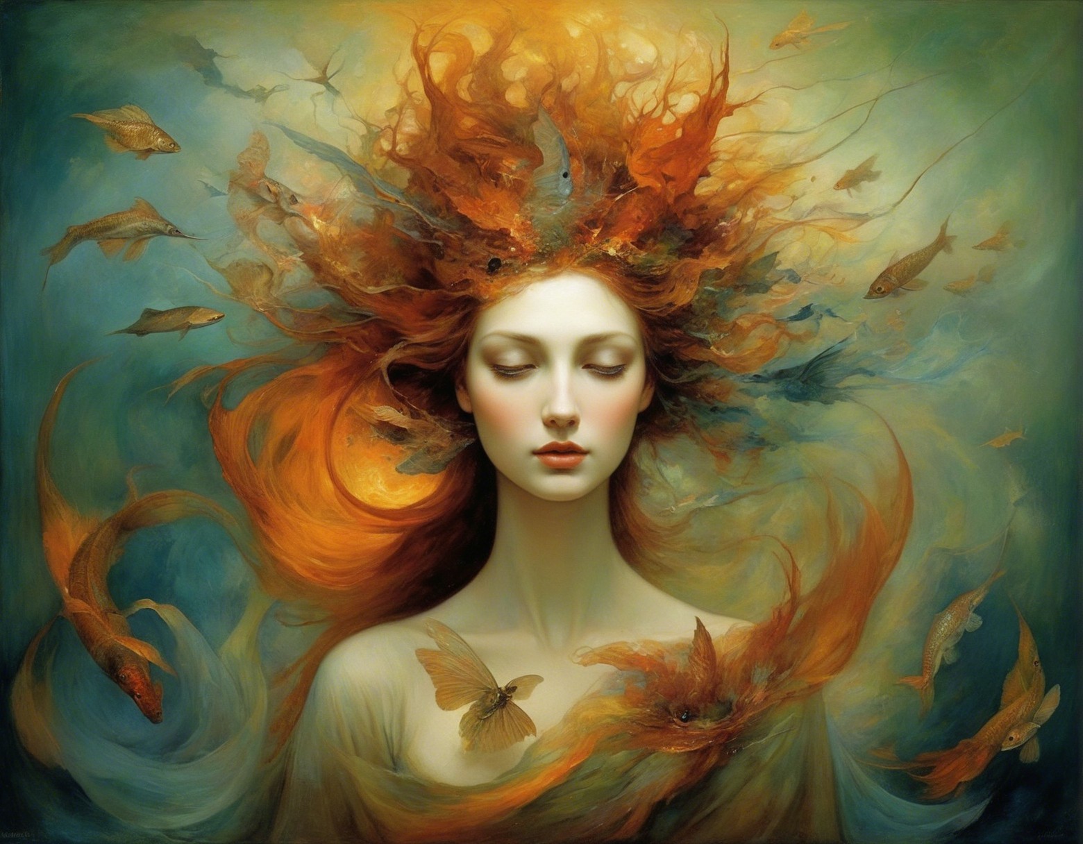 Serene Woman with Orange Hair in Aquatic Landscape