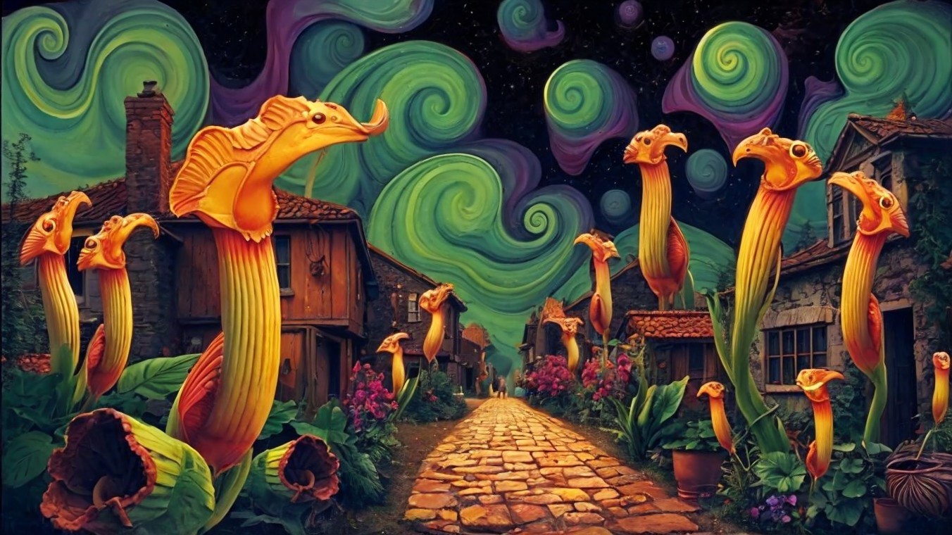 Surreal Village Street with Whimsical Flowers and Houses