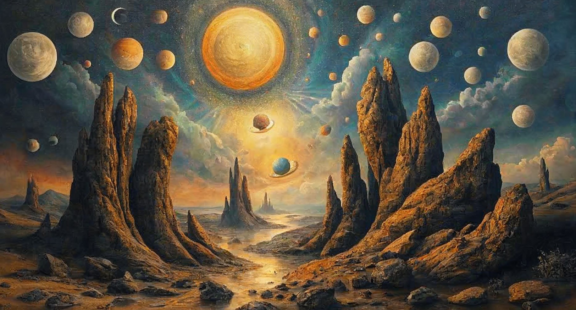 Cosmic Landscape with Rocky Formations and River