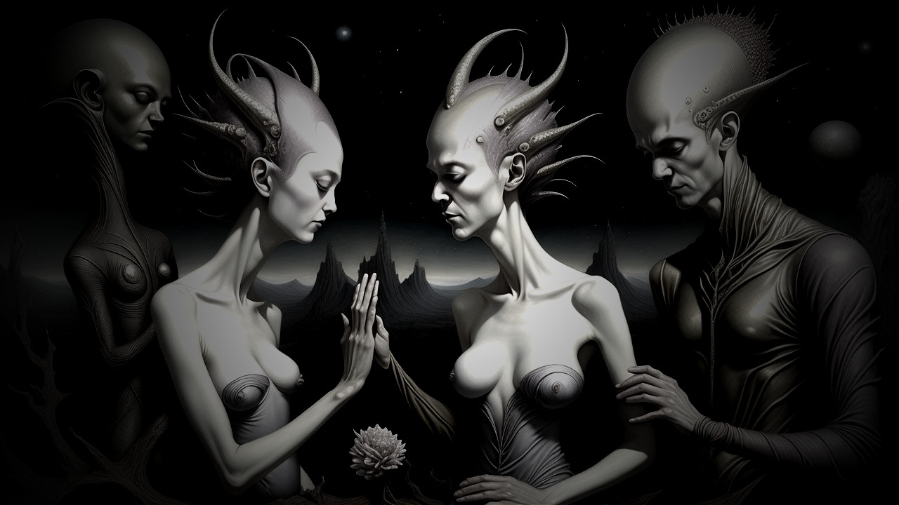 Surreal Scene with Humanoid Figures in Dark Landscape