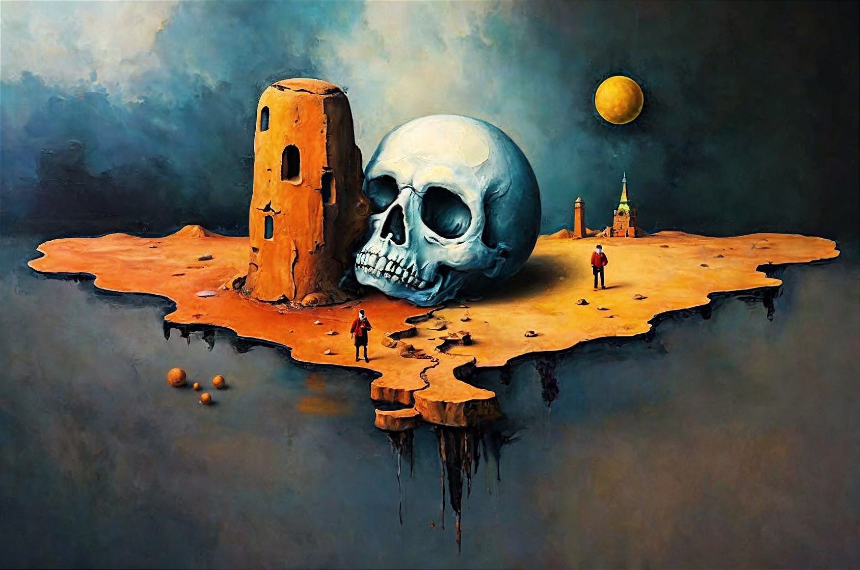 Surrealist depiction of a floating desert island scene