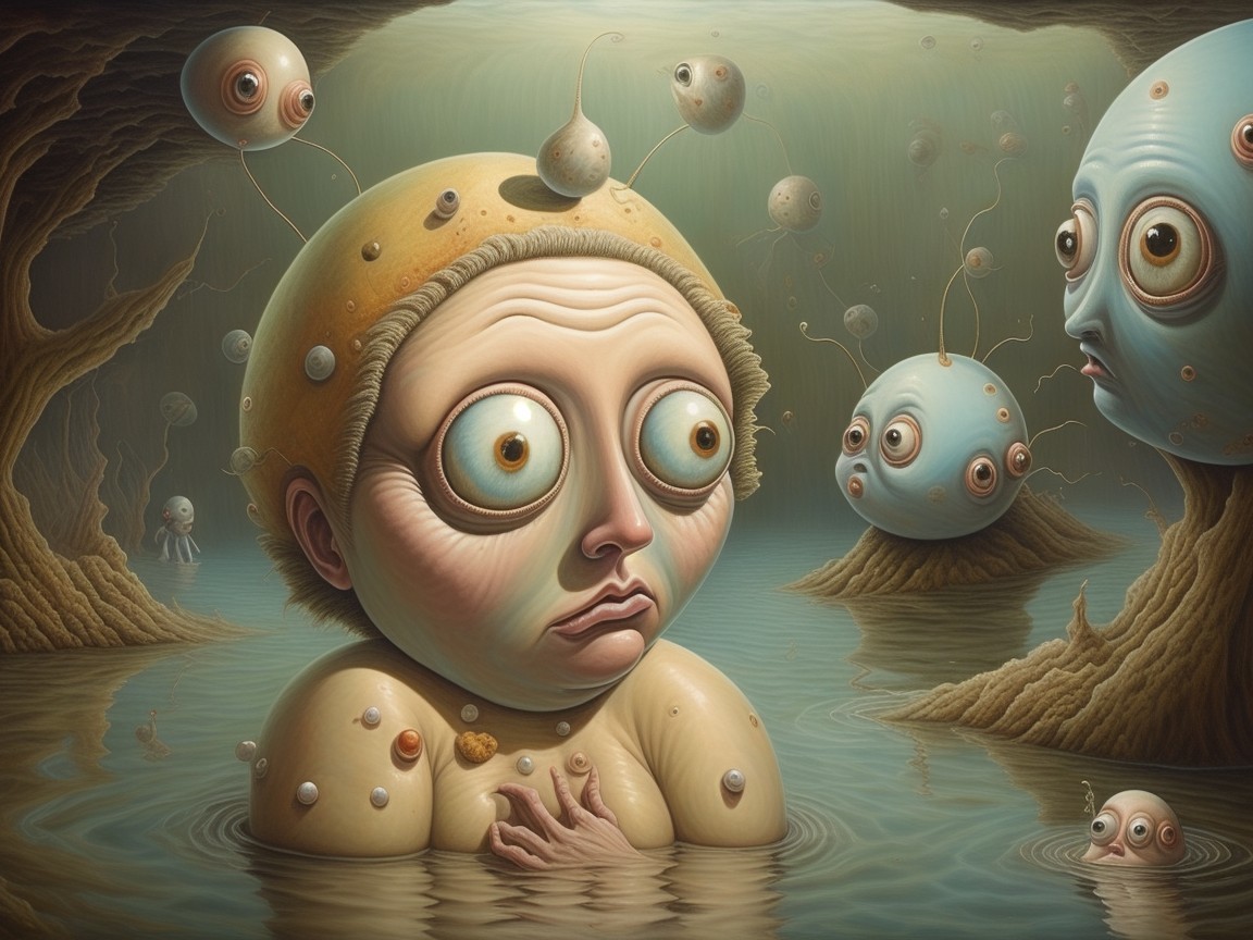 Surreal Landscape with Childlike Figure and Creatures