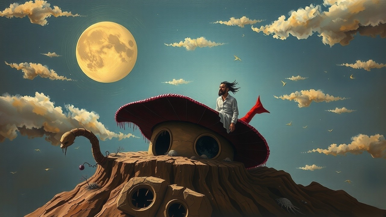 Surreal Landscape with Giant Mushroom and Full Moon