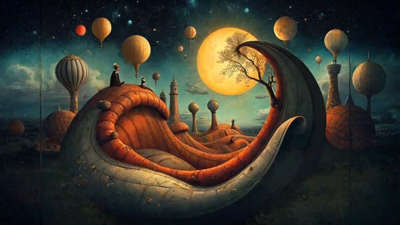 Surreal Landscape with Shell Structure and Hot Air Balloons