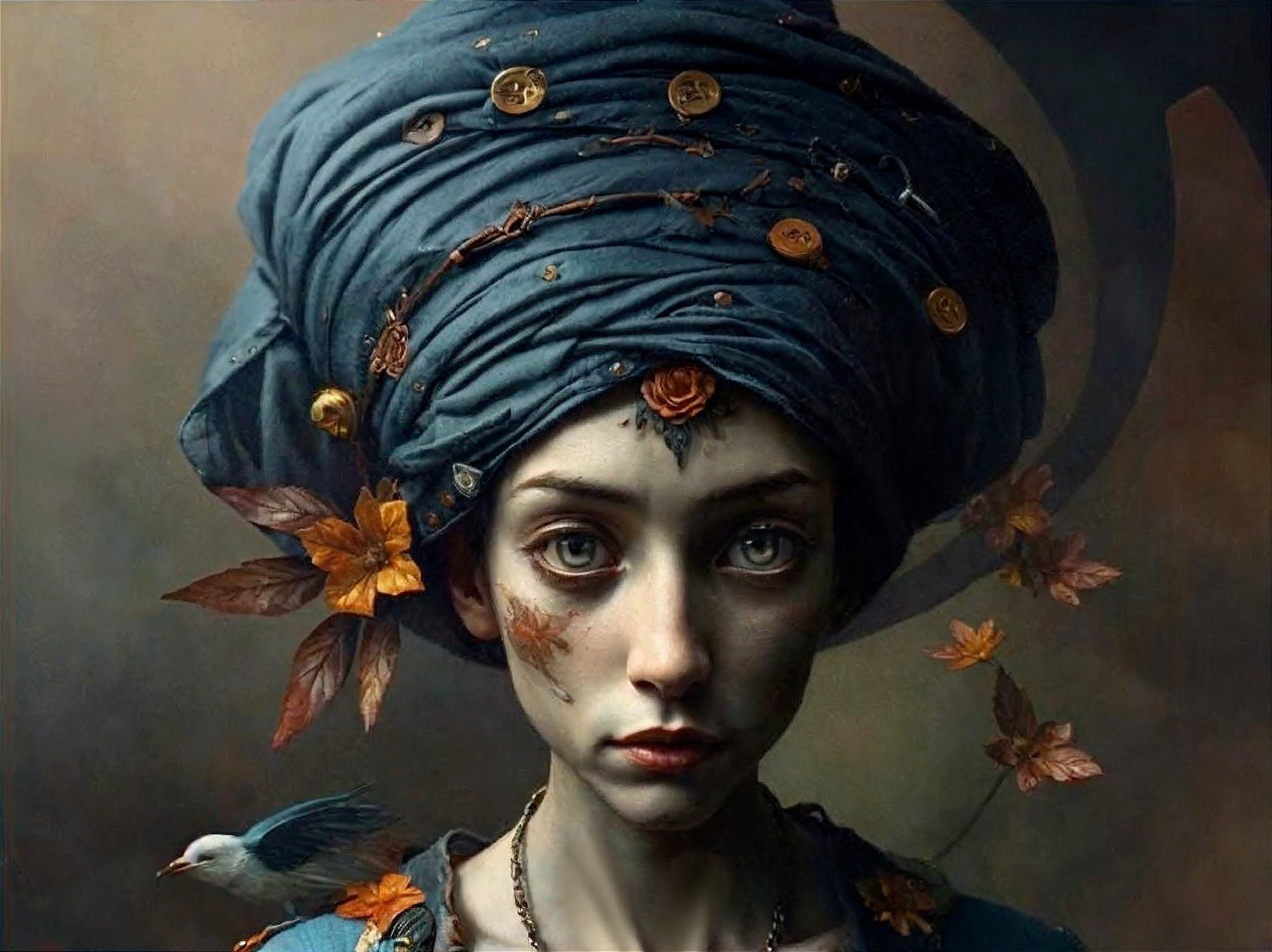 Young woman in blue headwrap with floral accents