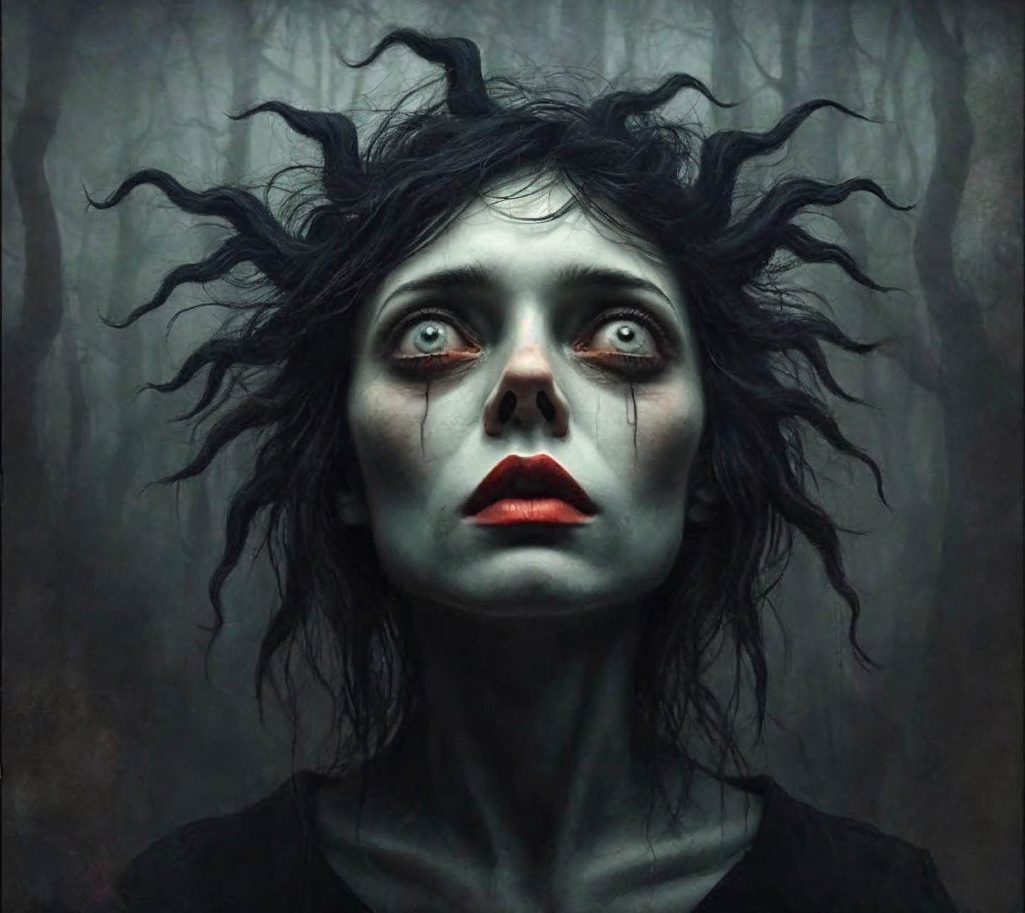 Haunting Figure with Ashen Eyes in Foggy Forest