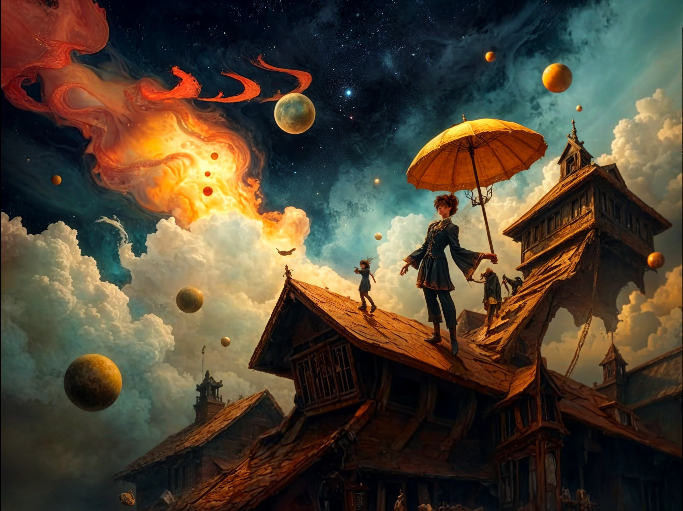 Whimsical Scene with Figure and Cosmic Backdrop