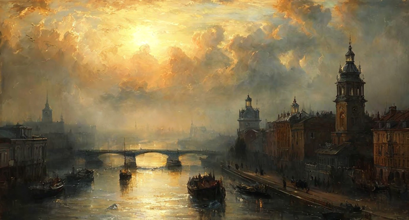 Twilight Riverside Scene with Historical Architecture