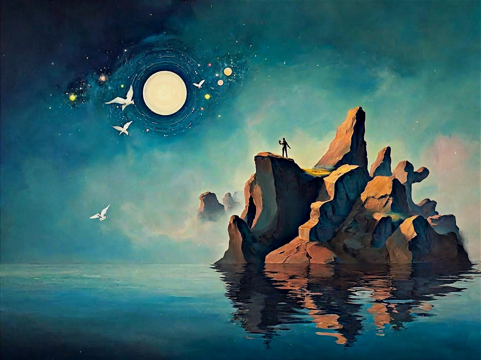 Solitary Figure on Rocks Under Full Moon and Stars