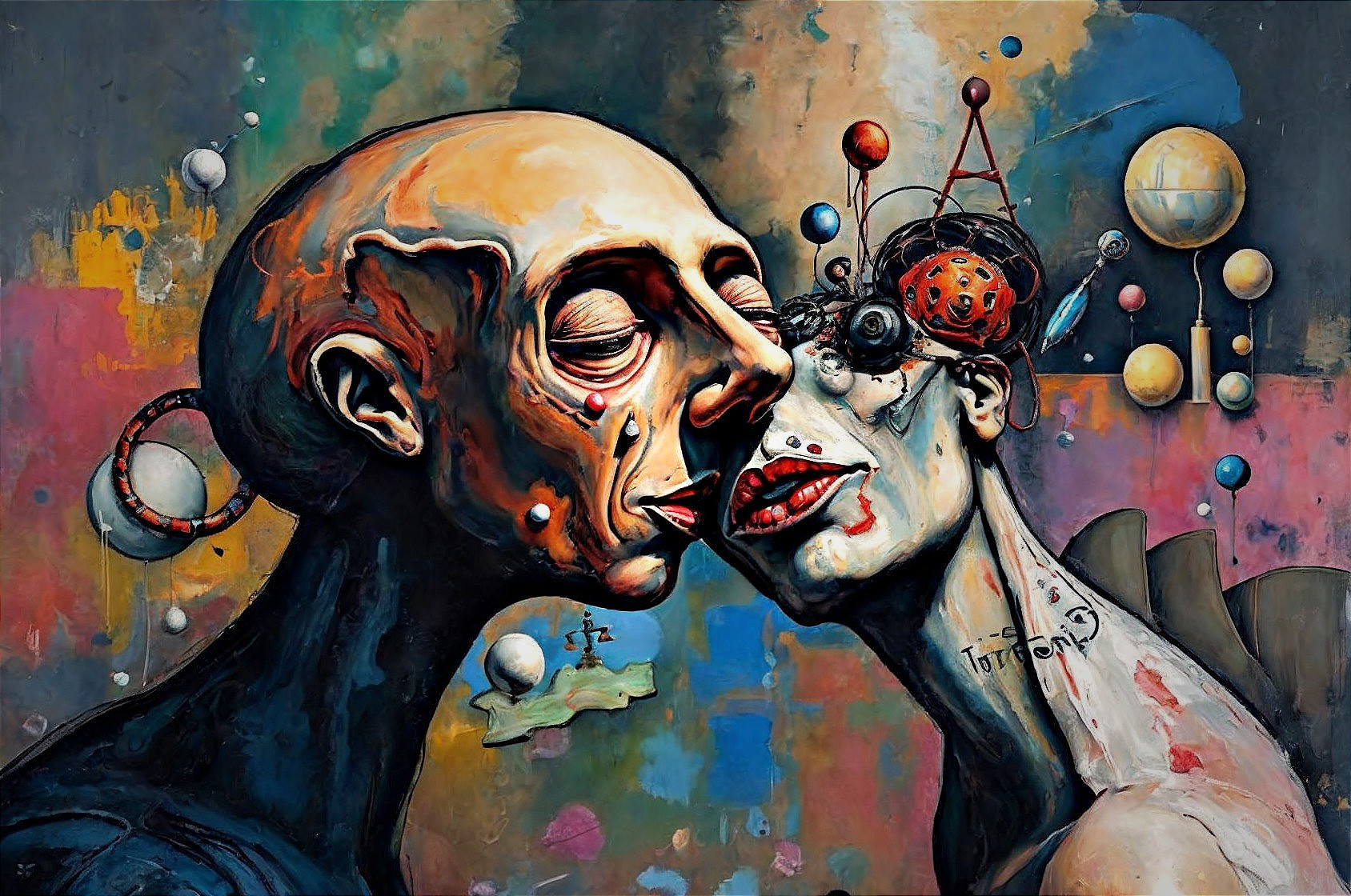 Surreal Busts of Bald Man and Woman Kissing Close-Up