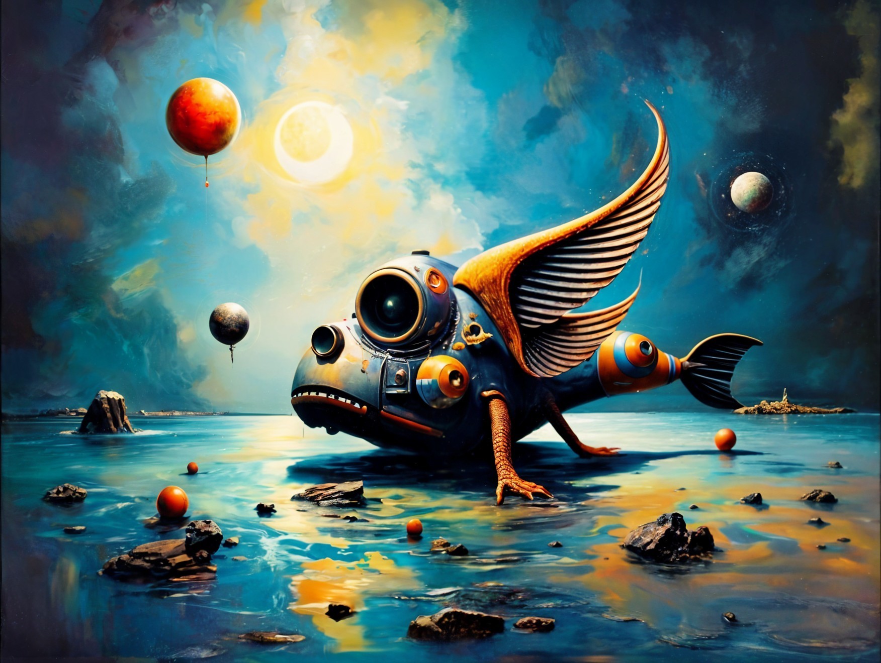 Surreal Landscape with Whimsical Fish and Celestial Bodies