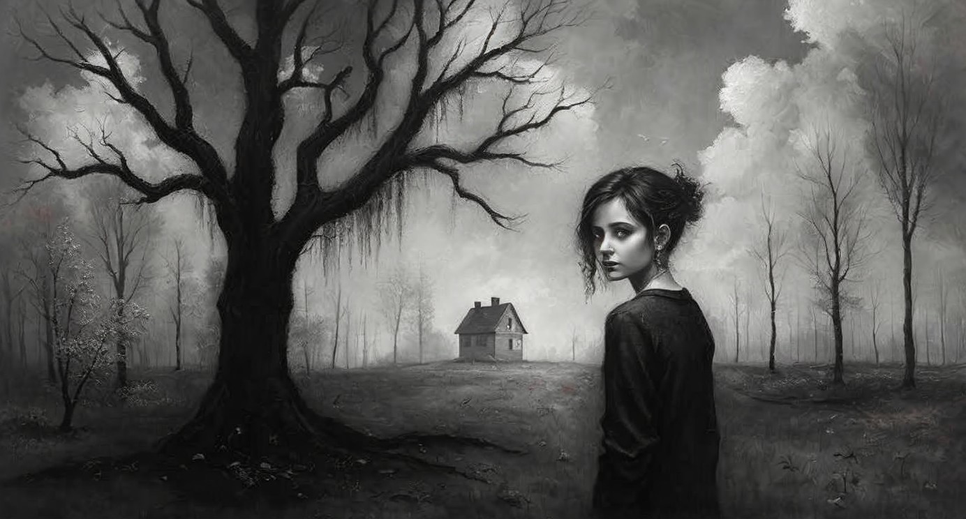 Grayscale Scene of a Girl in a Desolate Landscape