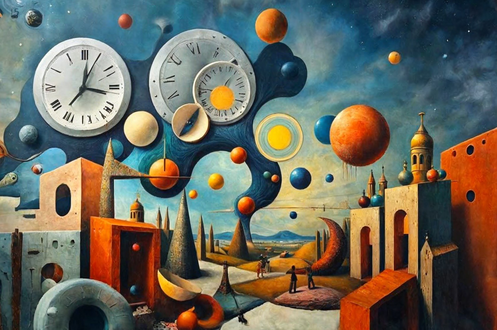 Surreal Landscape with Floating Clocks and Planets