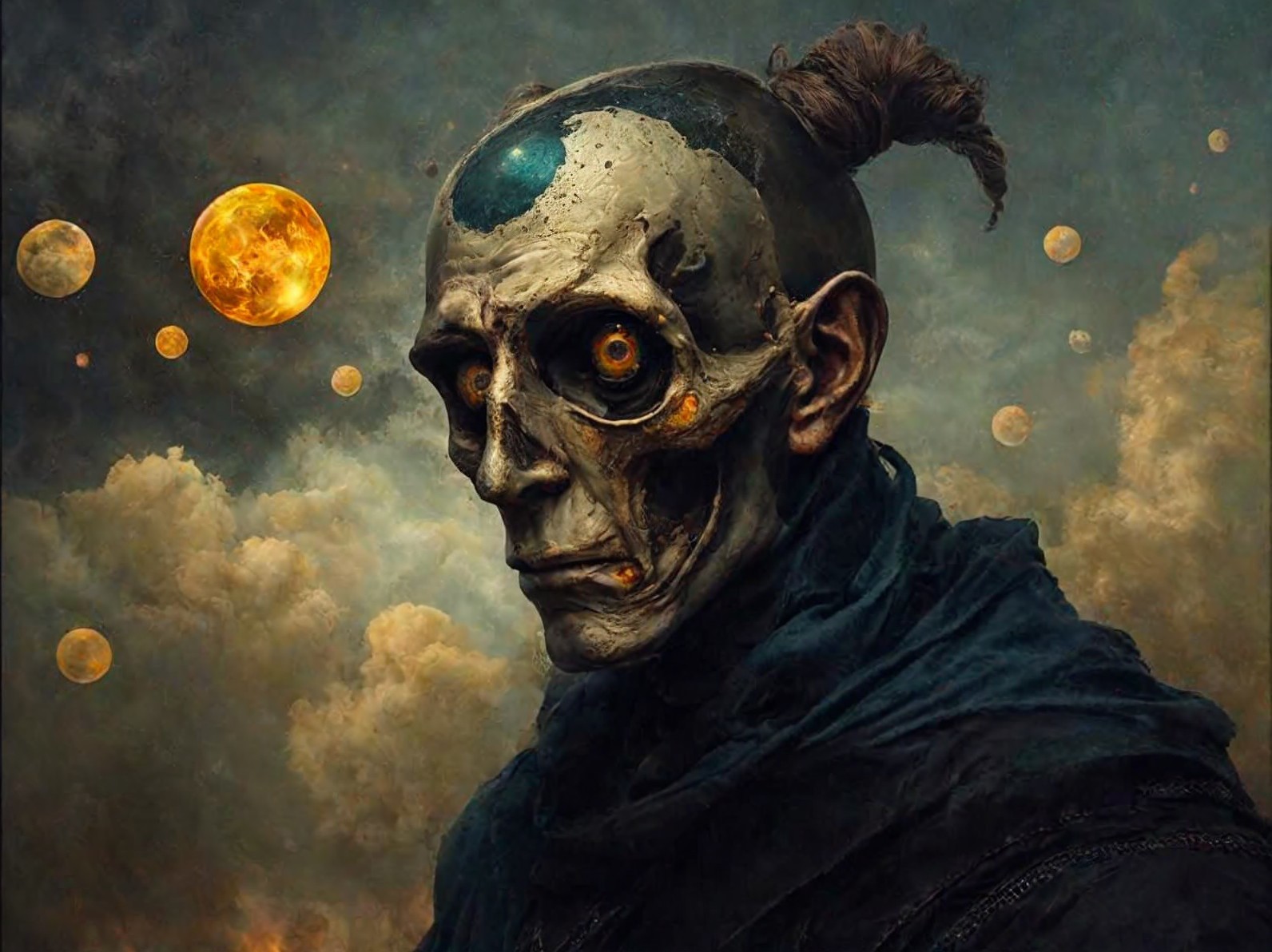 Haunting Figure with Skull Face in Cosmic Scene