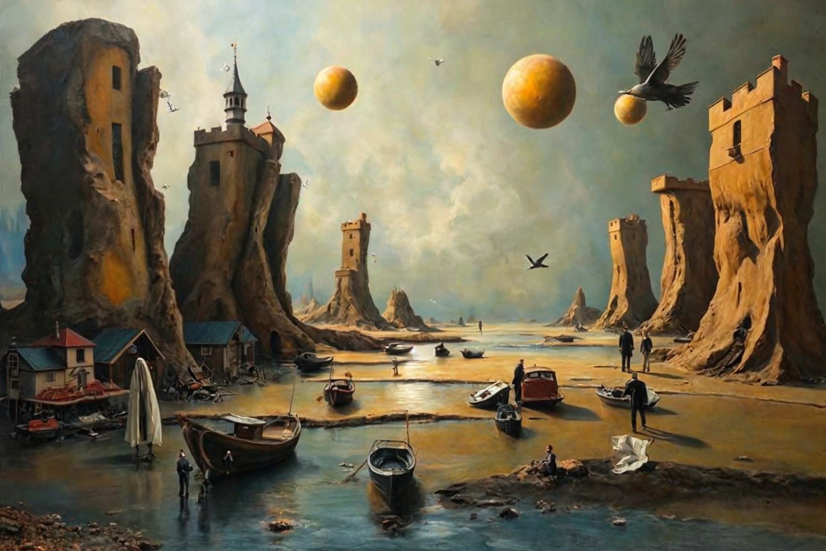 Surreal Landscape with Rocky Towers and Calm Water