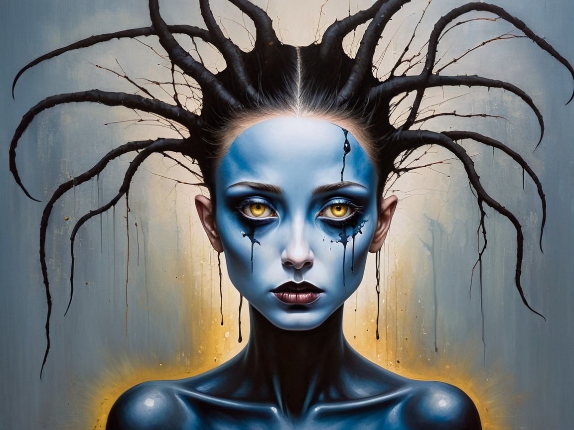 Surreal figure with blue skin and spiky hair features