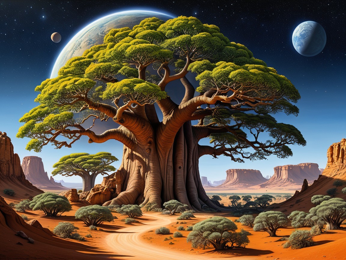 Majestic Tree in Vibrant Desert Landscape with Planets