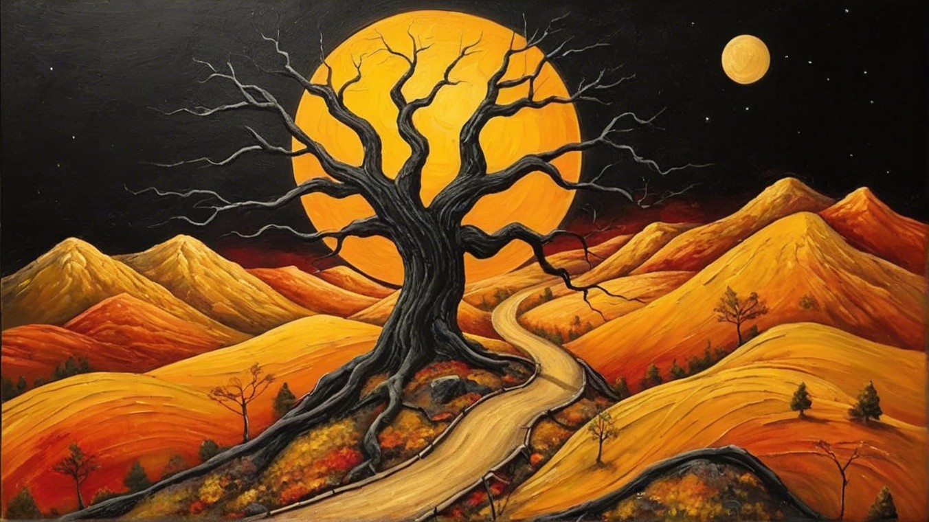 Dramatic Landscape with Silhouetted Tree and Sunset