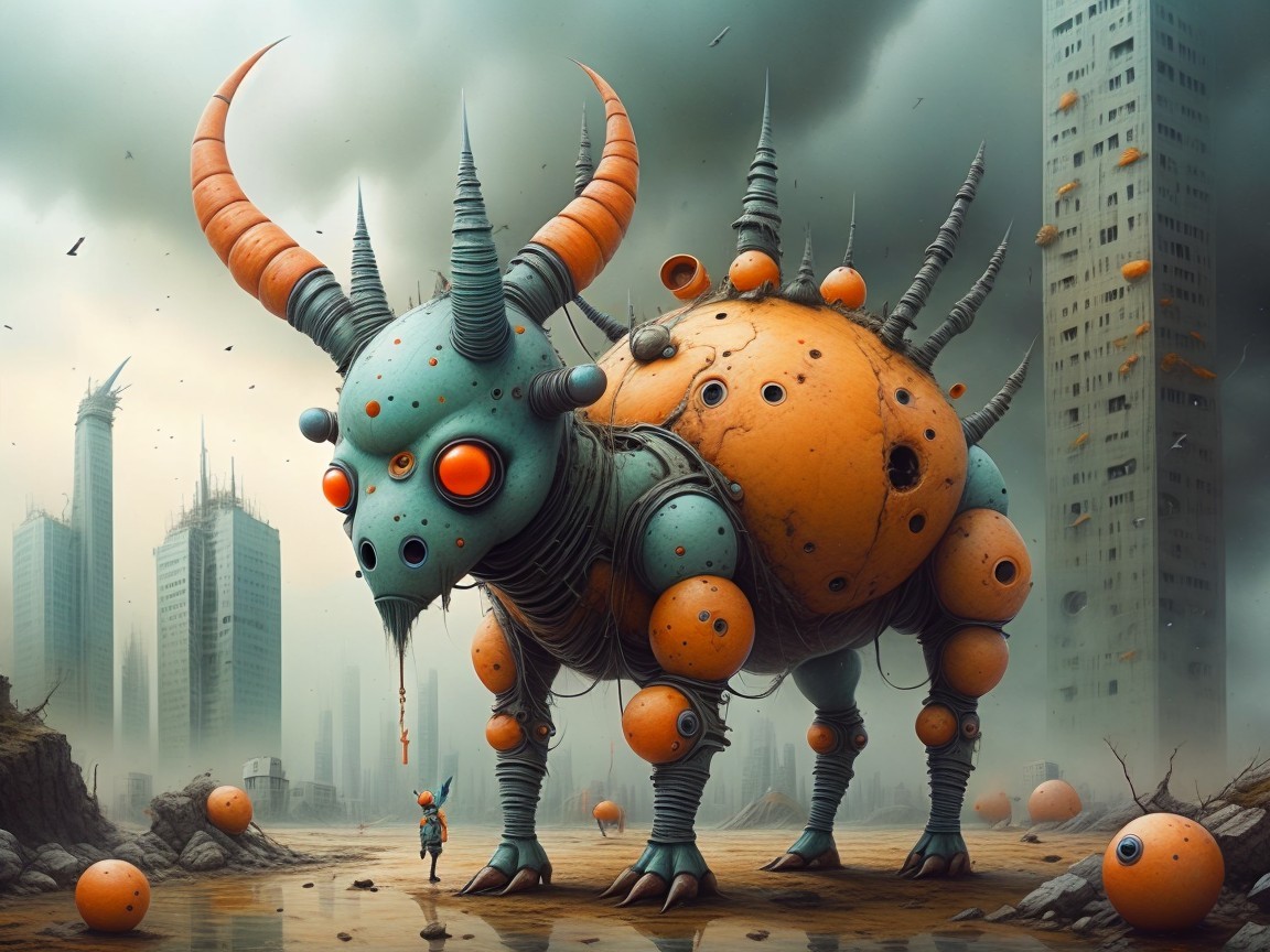 Dystopian Landscape with Robotic Creature and Skyscrapers