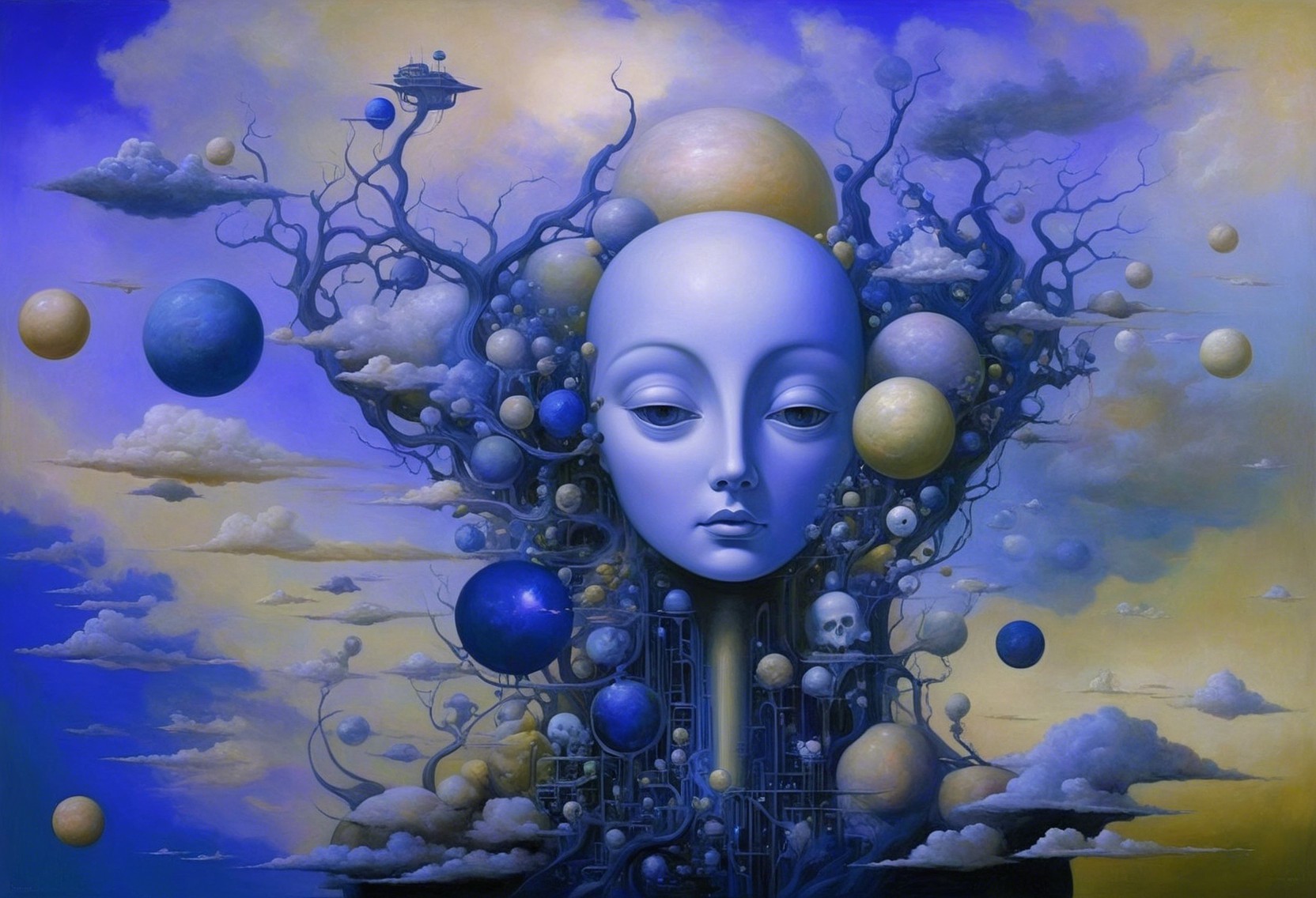 Humanoid Face in Surreal Cosmic Landscape Artwork