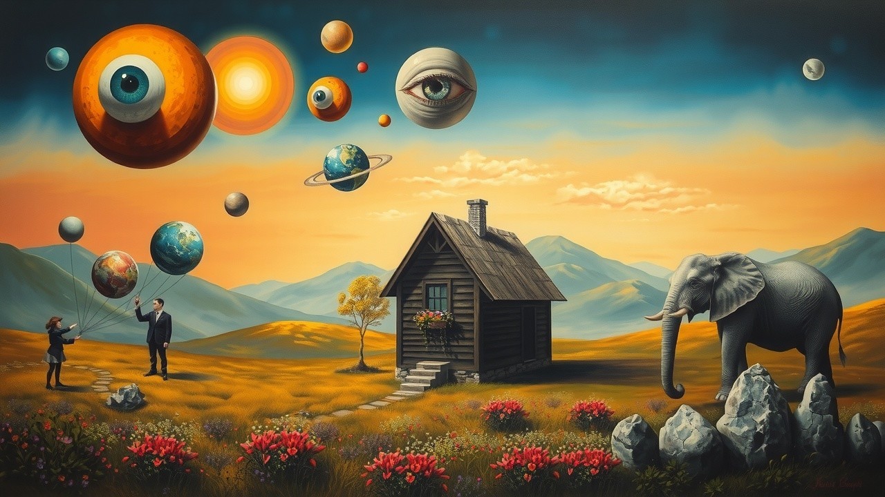 Whimsical Landscape with House and Celestial Elements