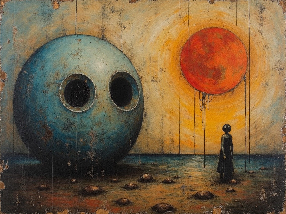 Surreal Landscape with Blue Sphere and Orange Sun