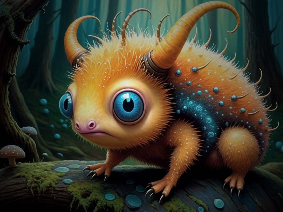 Whimsical Creature on Mossy Log in Mystical Forest