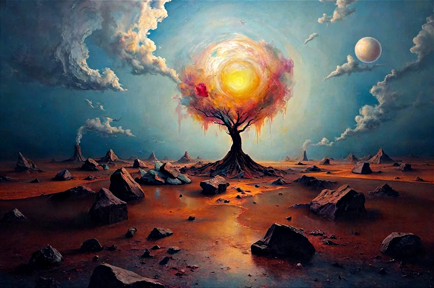 Majestic Tree in Otherworldly Landscape with Vibrant Canopy