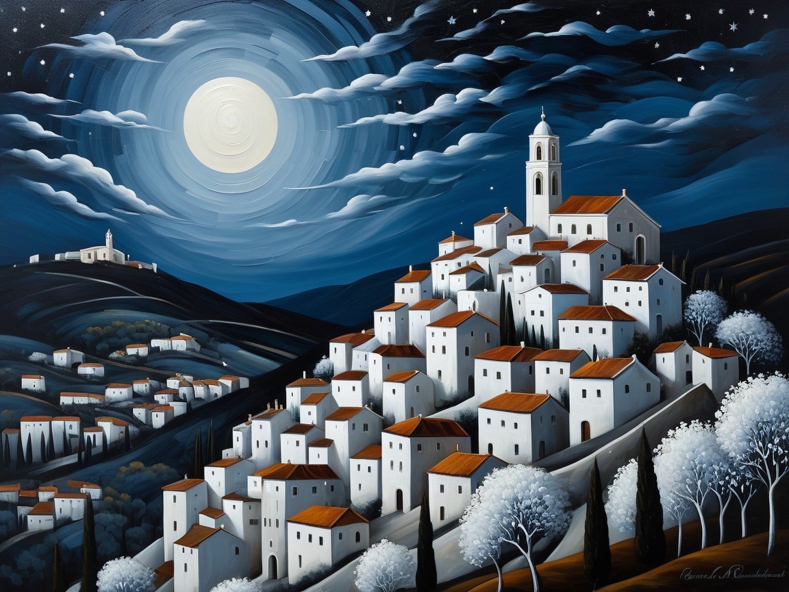 Serene Night Scene of a Village Under Full Moon