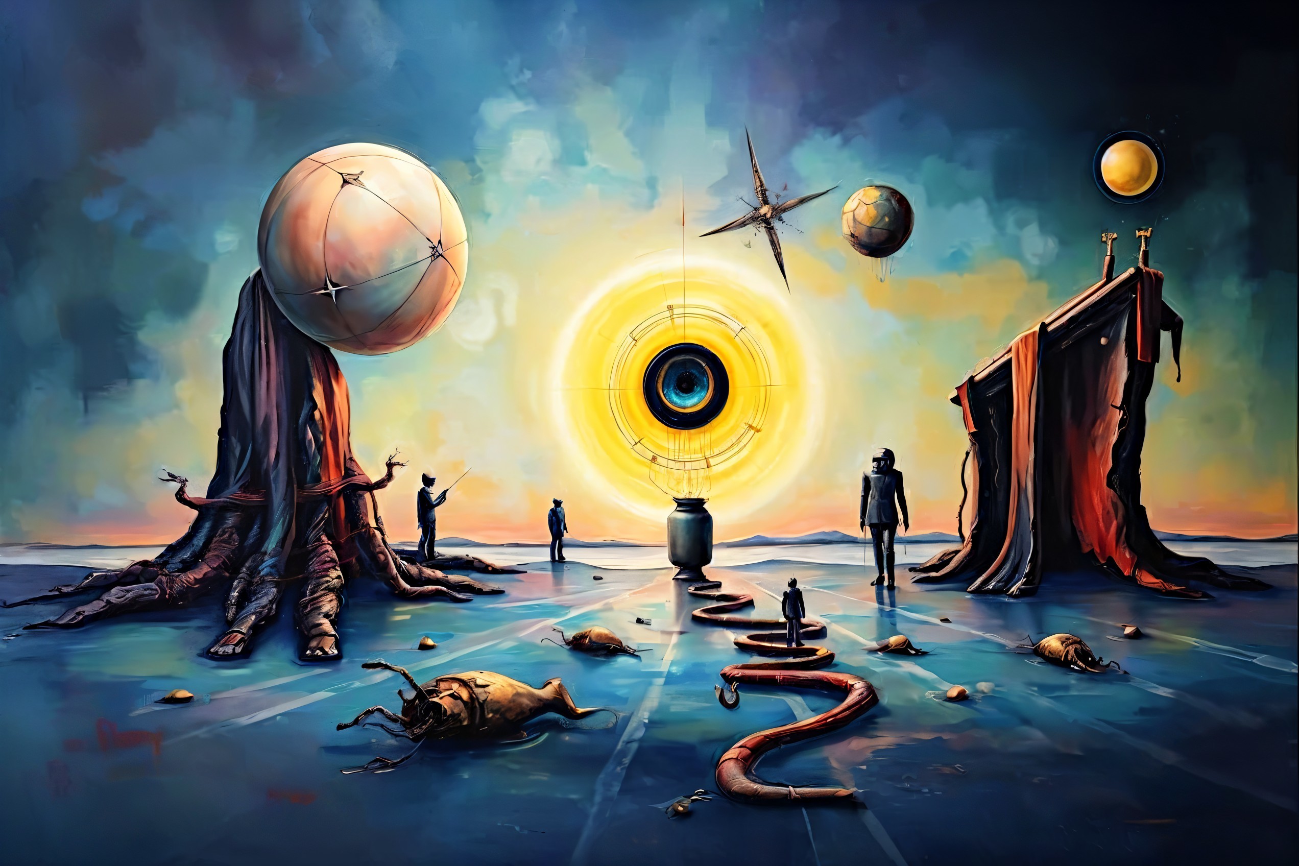 Surreal Landscape with Towering Trees and Floating Spheres