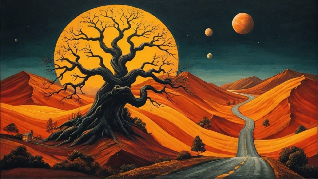 Gnarled Tree and Cosmic Landscape Under Full Moon