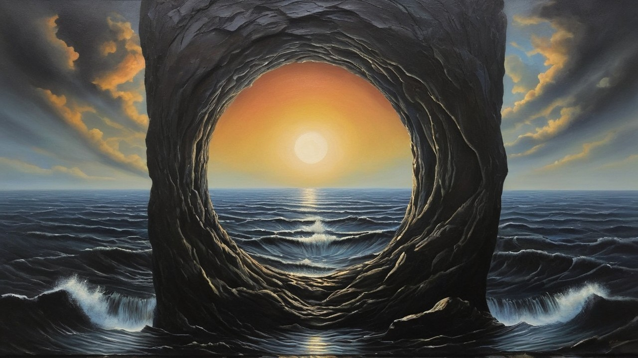 Dramatic Seascape with Circular Stone Arch and Sunset