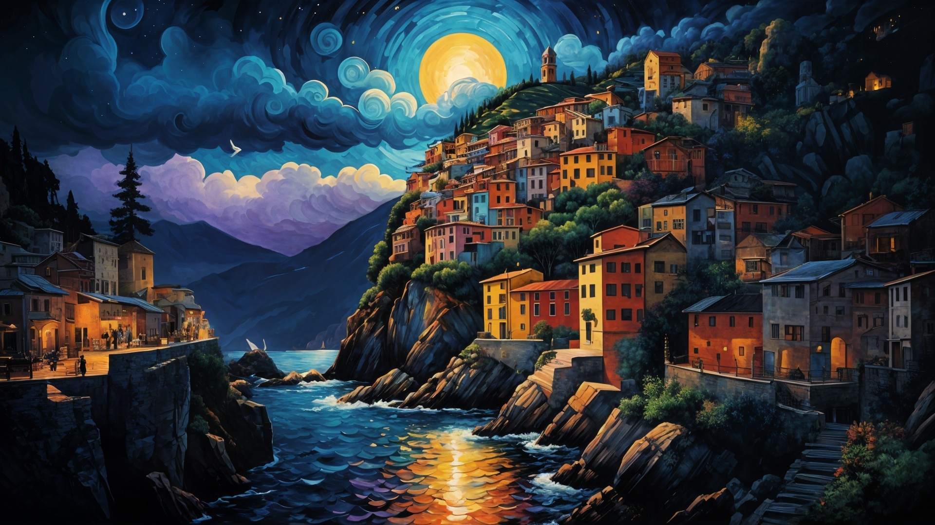 Vibrant Coastal Village Under Moonlit Sky