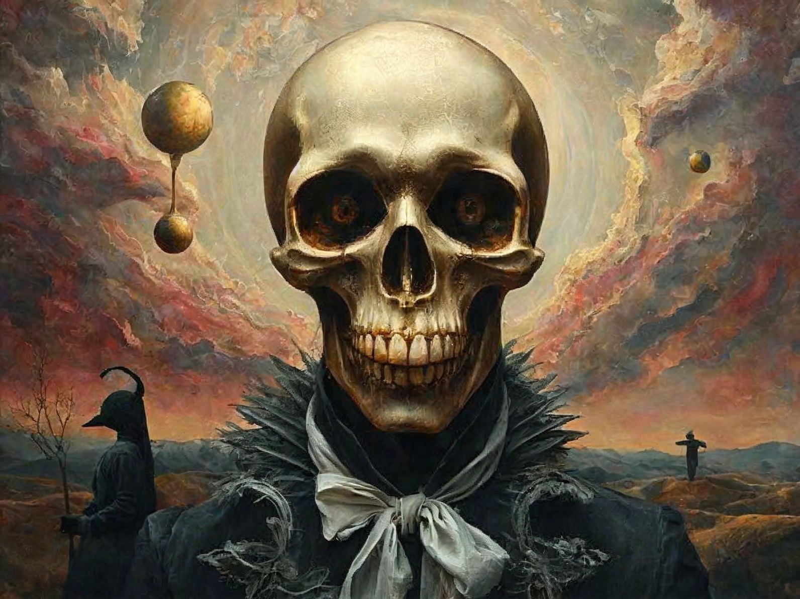 Golden Skull Surrounded by Orange and Gray Clouds