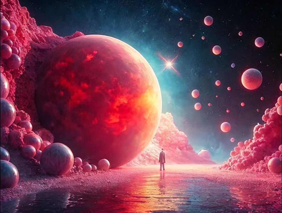Surreal Cosmic Landscape with Glowing Planet and Orbs