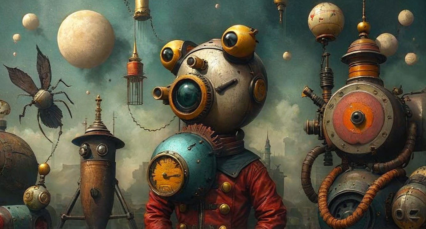 Whimsical Steampunk Scene with Quirky Robot Character