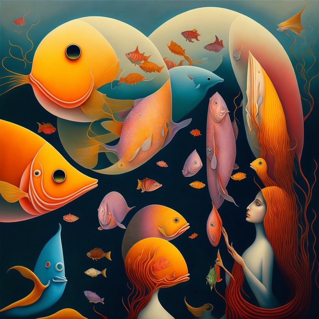 Mystical Underwater Scene with Vibrant Fish and Mermaid