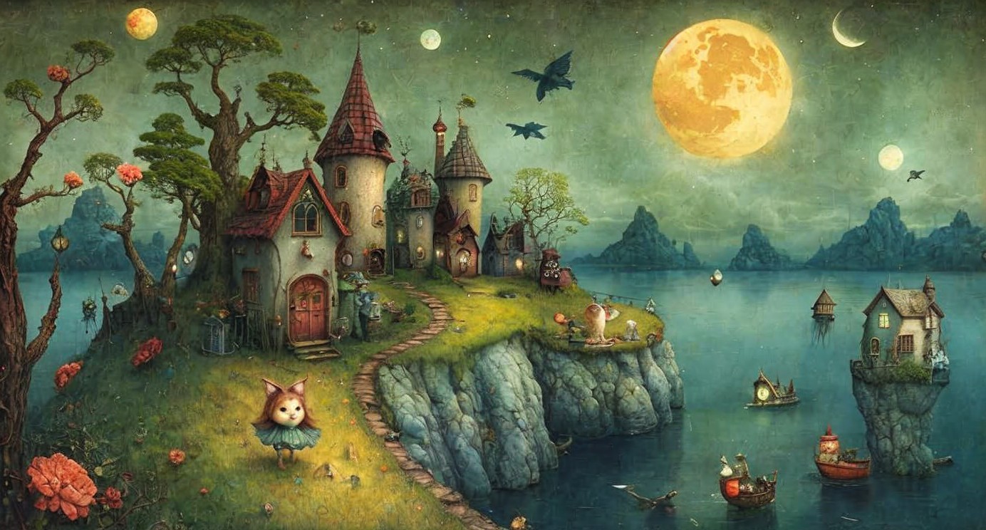 Whimsical Landscape with Cottages and Mythical Creatures