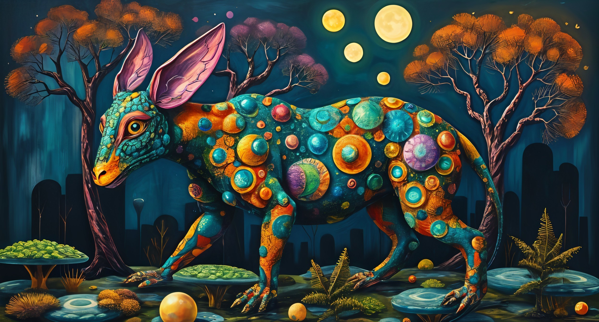 Fantastical Creature in Vibrant Otherworldly Landscape