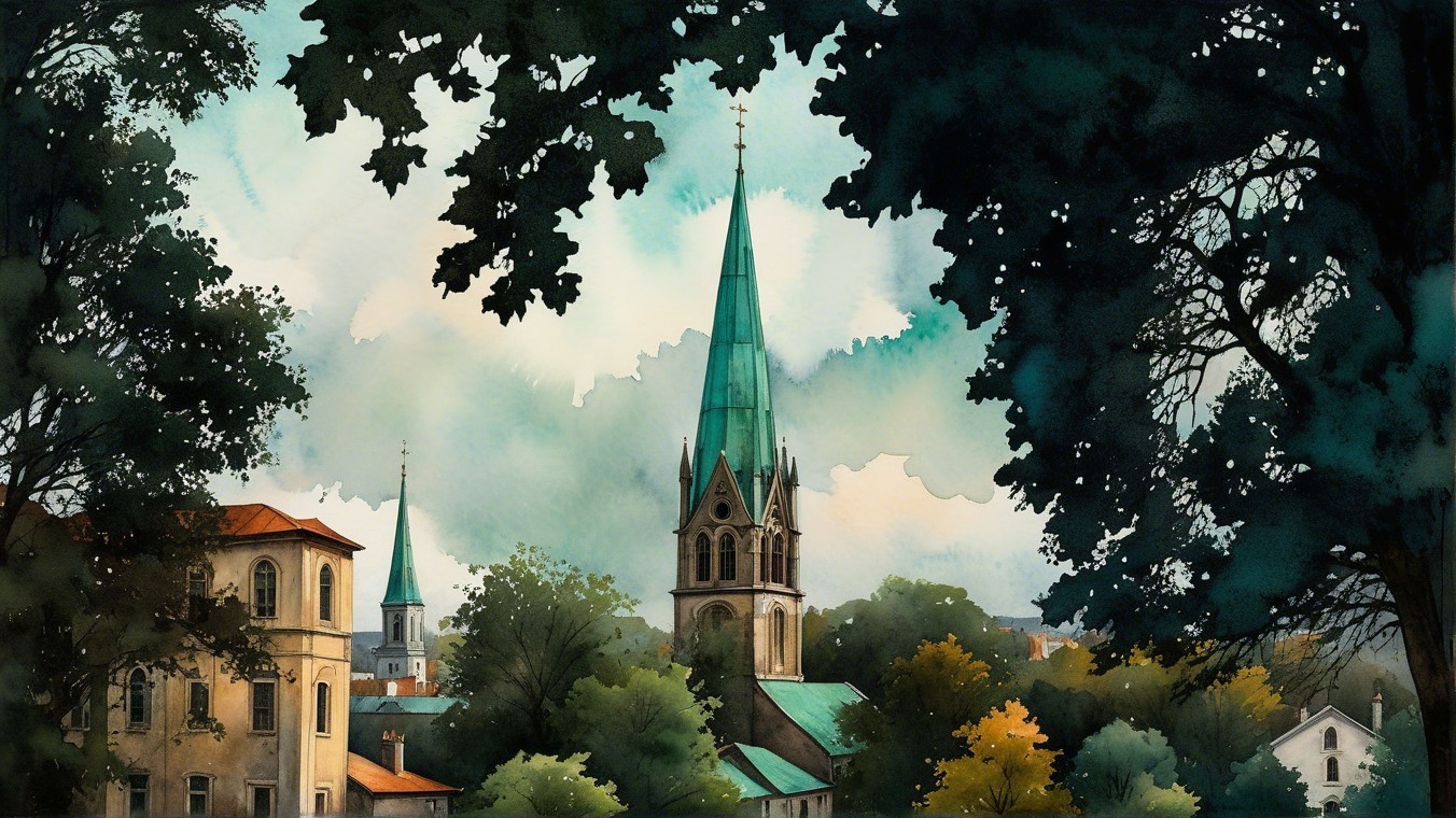 Charming Town with Church Towers Amid Autumn Foliage