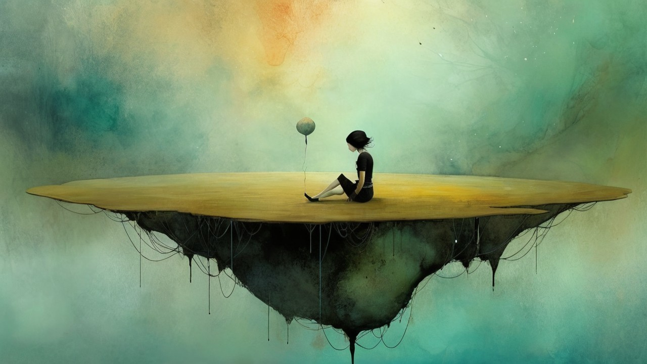 Surreal Scene of a Girl on a Floating Golden Island