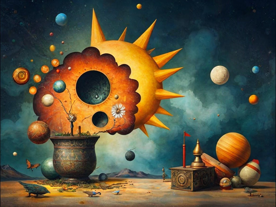 Surreal Landscape with Celestial Bodies and Whimsical Elements