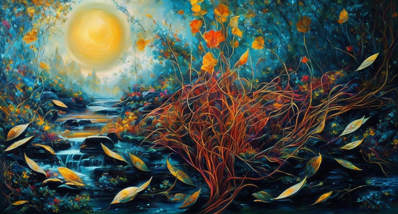 Surreal Autumn Landscape with Shimmering Stream