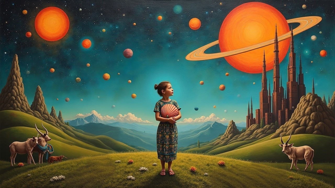 Young girl in vibrant landscape with cosmic scene